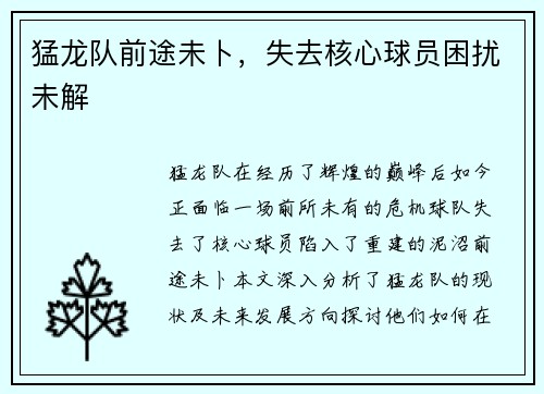 猛龙队前途未卜，失去核心球员困扰未解